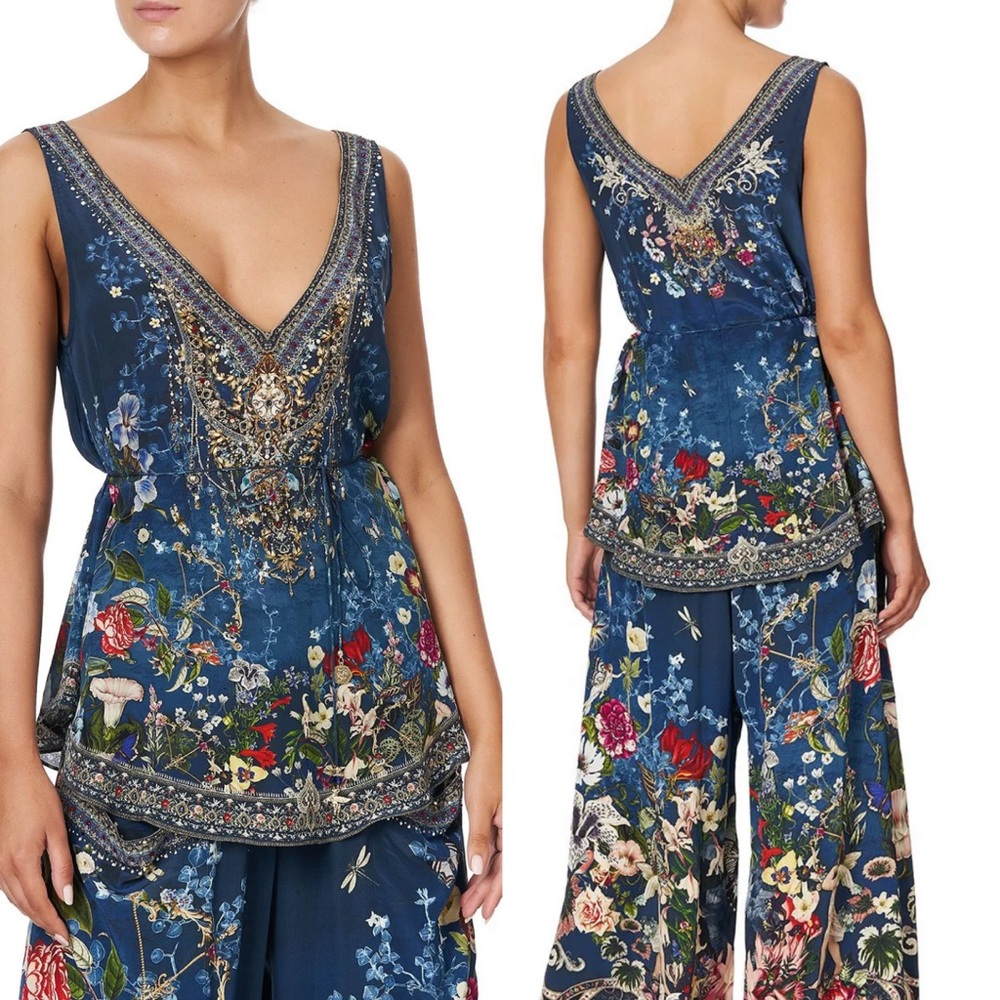 Camilla Blue Floral V-Neck Beaded Camisole